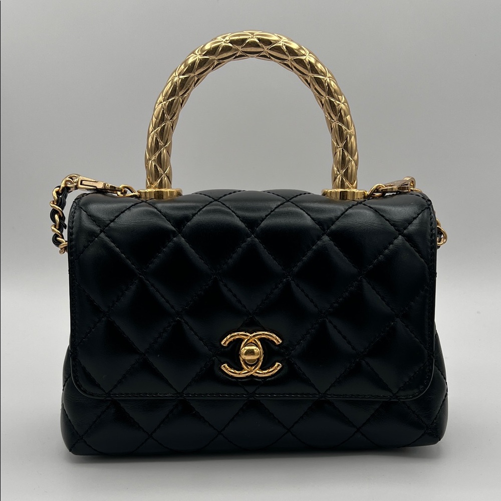 CHANEL Shiny Calfskin Quilted Mini Coco Chain Gold Handle Flap Black Bag
